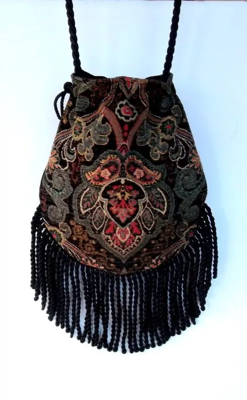 Fringed Tapestry Gypsy Black Cross Body Bag