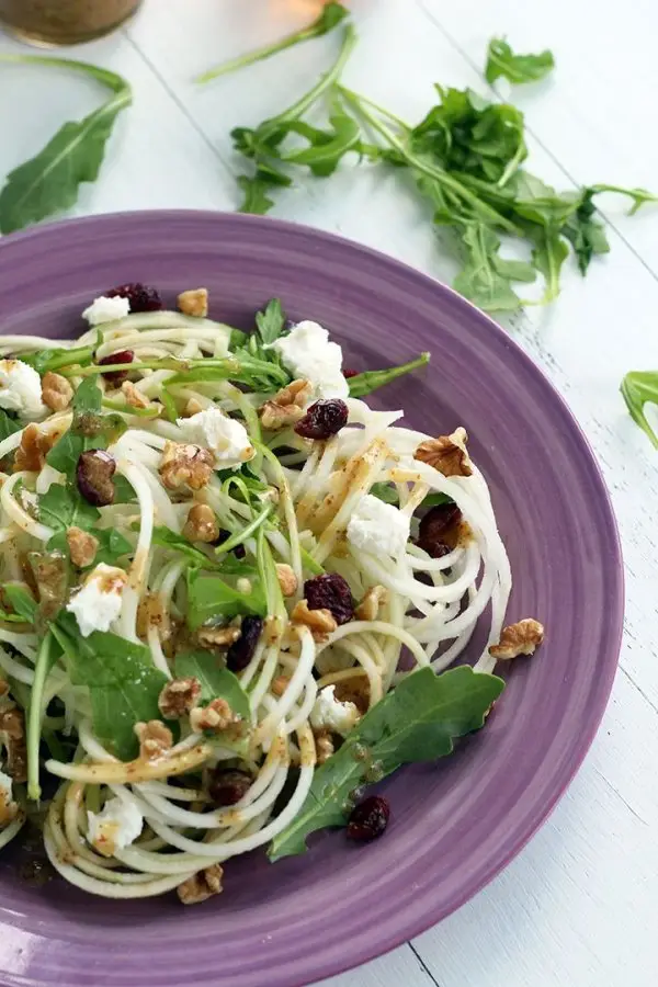 Kohl Rabi Green Apple Noodle Salad with Goat Cheese, Dried Cranberries & Walnuts in a Honey-Dijon Dressing