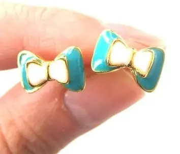 Bow Tie Knot Shaped Ribbon Stud Earrings in Turquoise on Gold