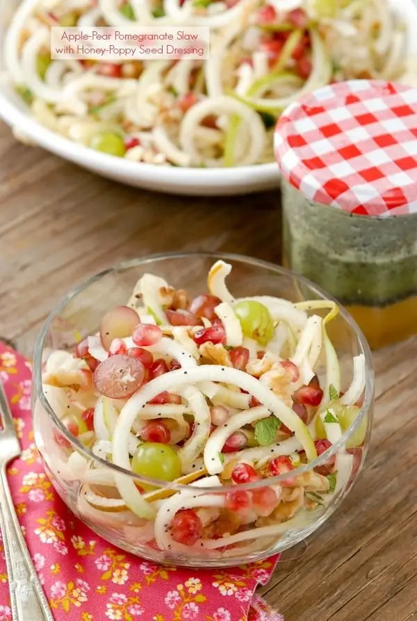Spiralized Apple-Pear Pomegranate Slaw with Honey-Poppy Seed Dressing