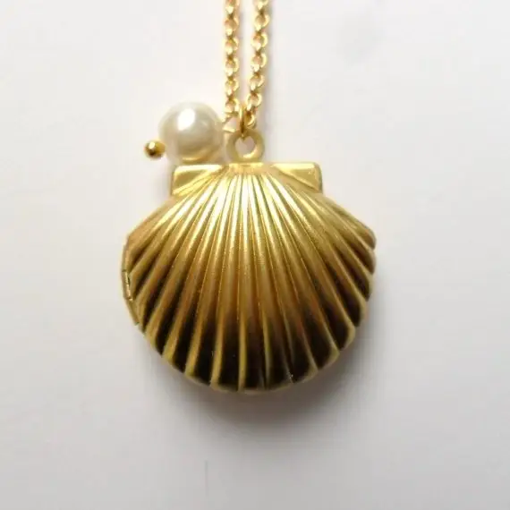 Golden Mermaid Locket with Little Pearl, Sea Shell Necklace