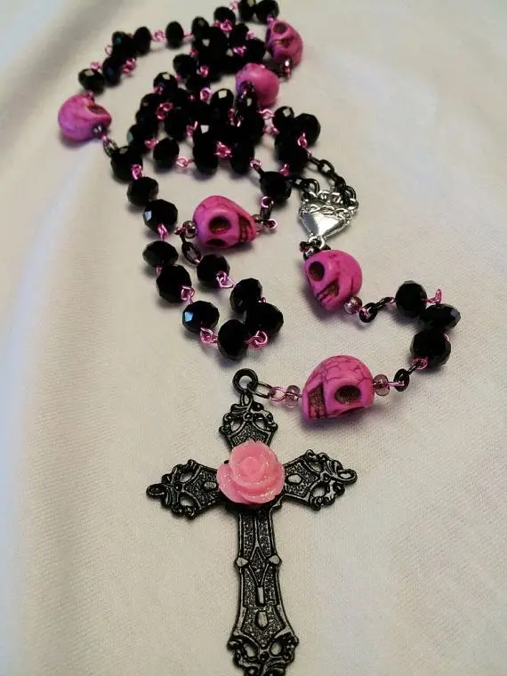 Sugar Skull Rosary in Pink and Black