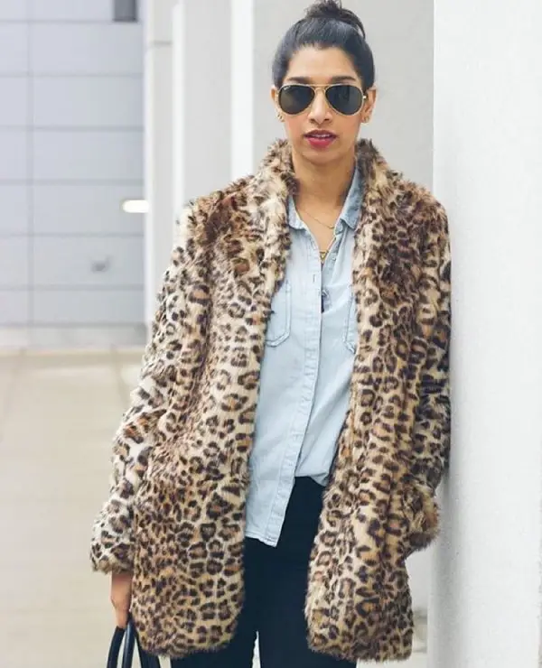 Her Dark Jeans, Light Chambray Top, and Leopard Coat