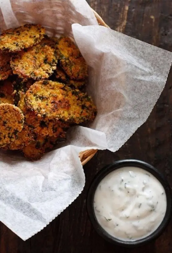 Oven “Fried” Pickles with Skinny Herb Buttermilk Ranch Dip