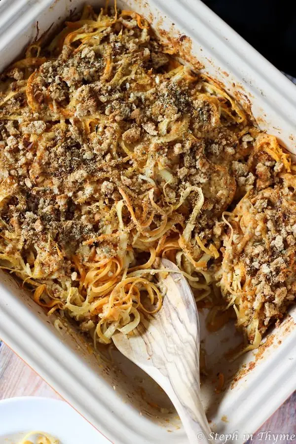 Spiralized Root Vegetable Casserole with Turnip, Rutabaga, and Sweet Potato Noodles