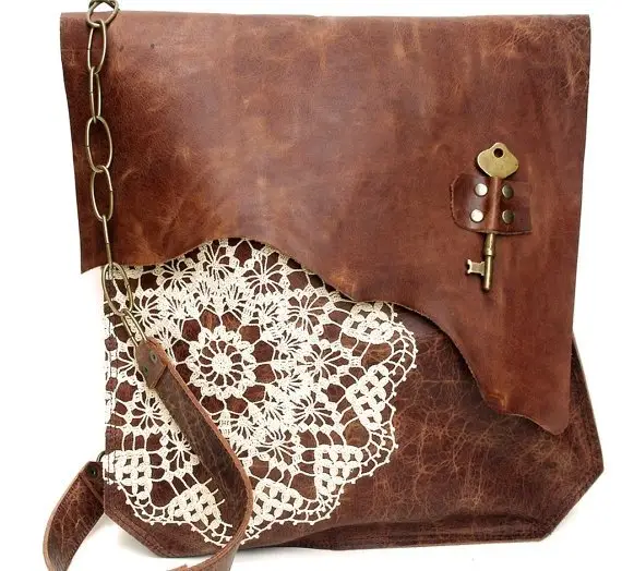 Boho Leather Messenger Bag with Crochet Lace & Antique Key
