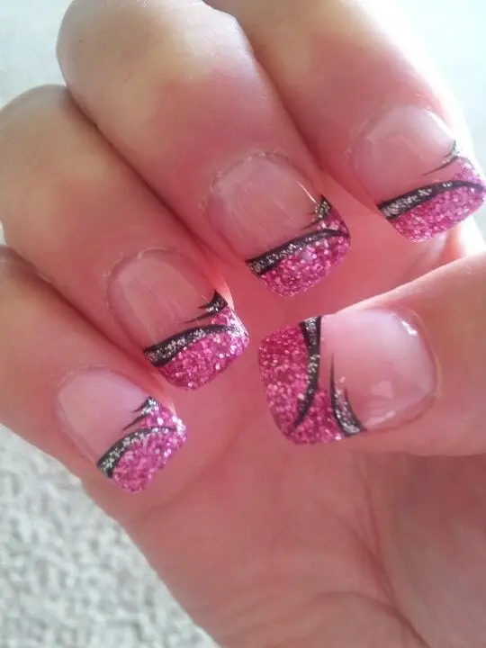 pink nails with silver glitter tips