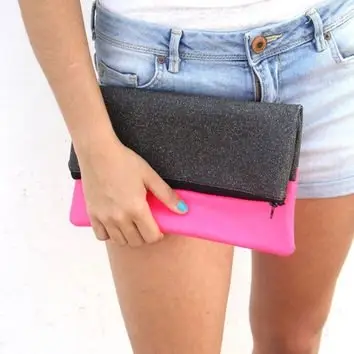 Neon Pink Faux Leather and Black Shiny Clutch