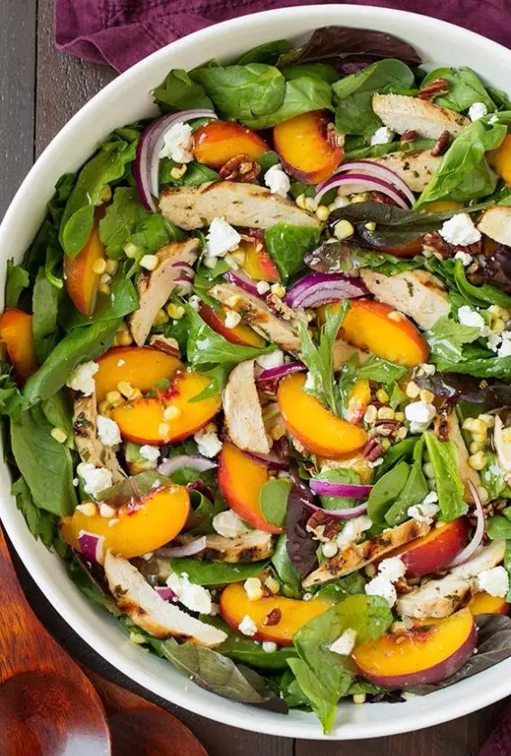 Peach Salad with Grilled Basil Chicken and White Balsamic Honey Vinaigrette